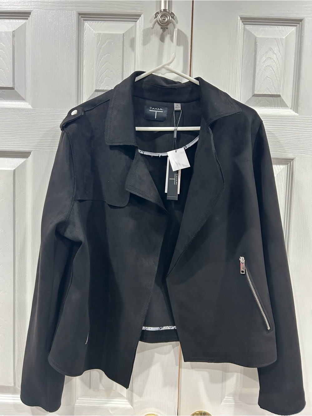 Tahari Black Suede-Look Asymmetrical Moto Jacket